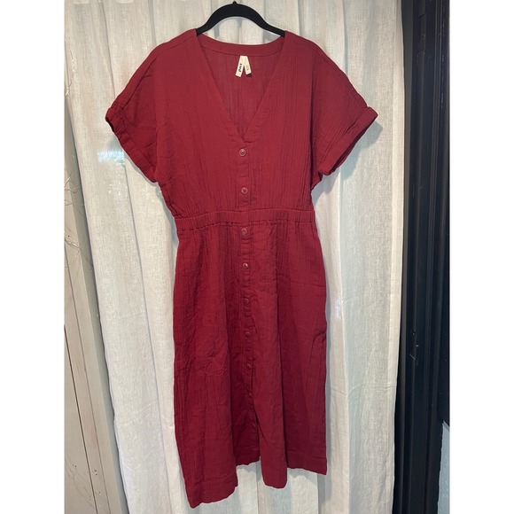 Pact Dresses & Skirts - Pact Organic Cotton Gauze Midi Dress Burgundy Red Button Front V-Neck Small